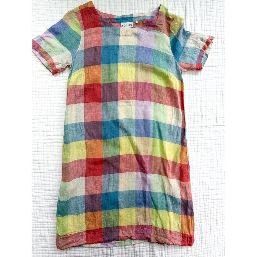 FOIL Linen Plaid Shift Dress Size 8 Multicolor Rainbow Check Short Sleeve Midi